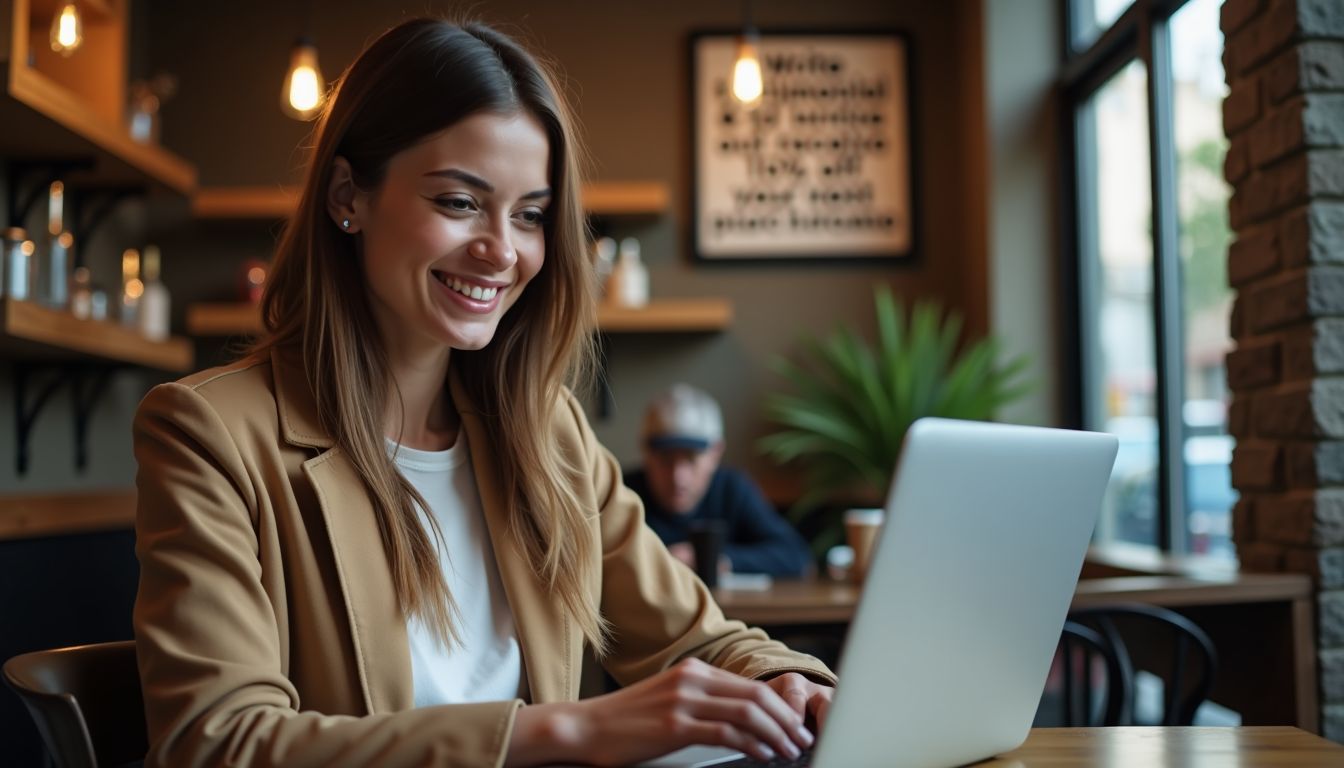 A woman in her 30s works on her laptop at a cozy coffee shop.
