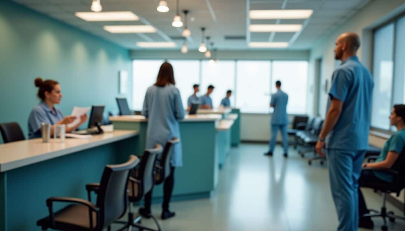A busy healthcare facility reception desk with administrative staff and patient files.