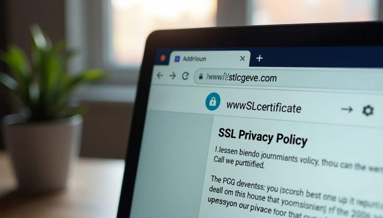 Close-up of computer screen displaying SSL certificate and privacy policy.