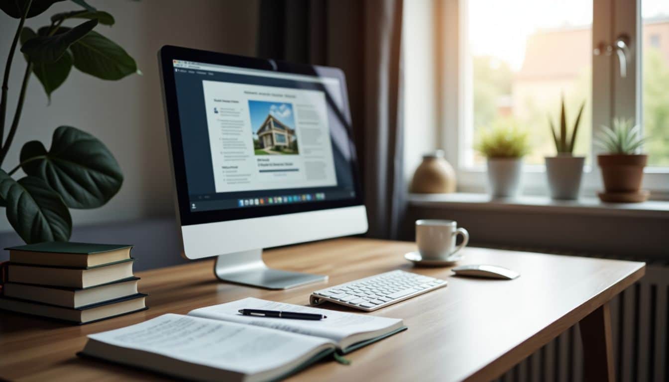 A cozy home office with a computer open to a real estate webinar.