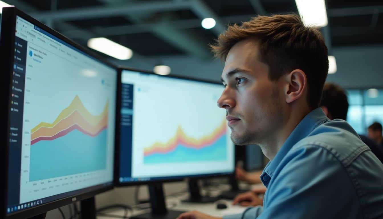 A person in an office analyzing NPS score data on a computer.
