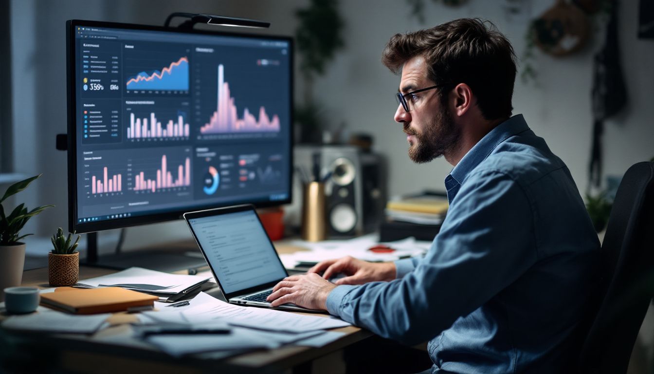 A person reviewing website user experience metrics at a messy desk.