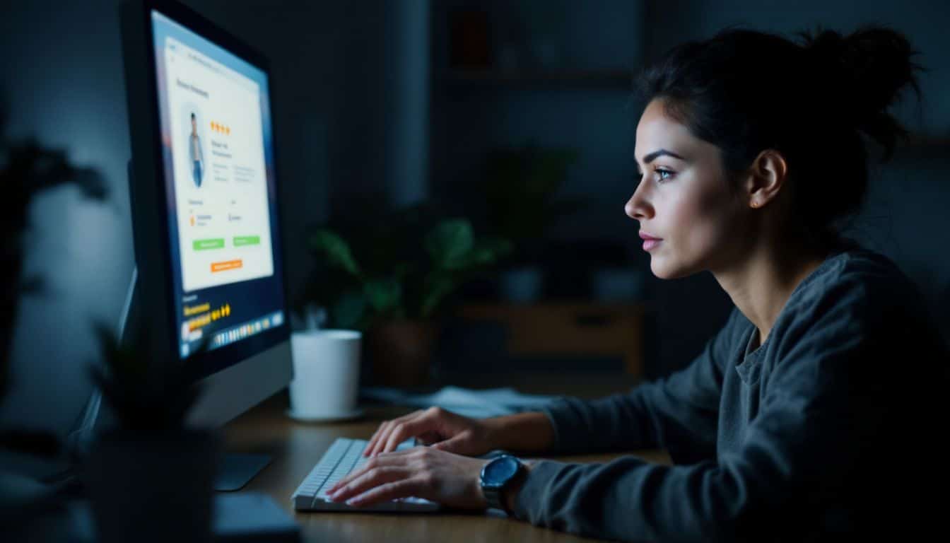 A woman in her late 20s using a customer review tool at her desk.