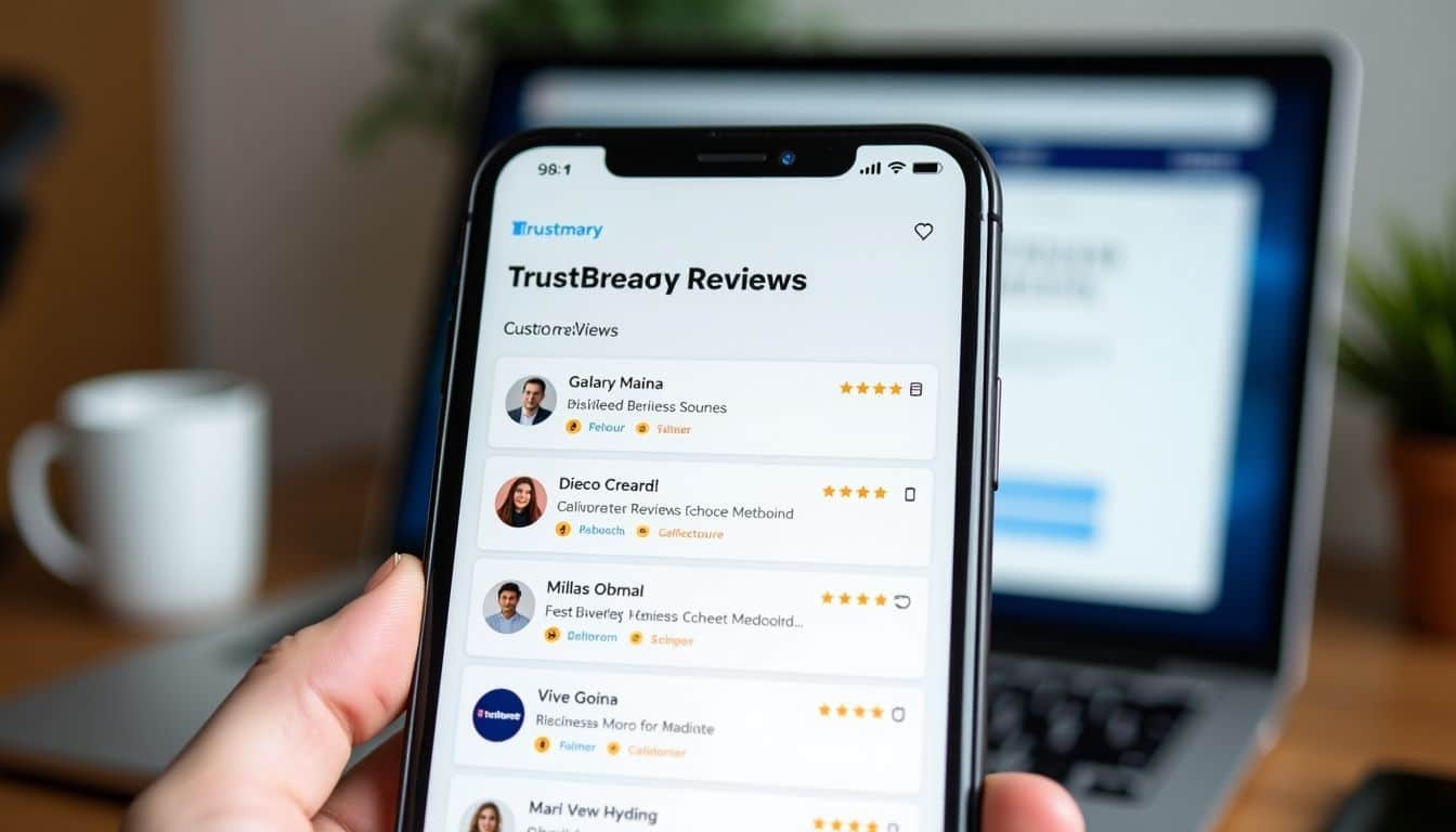 A customer-facing display widget featuring Trustmary Reviews on a sleek website design.