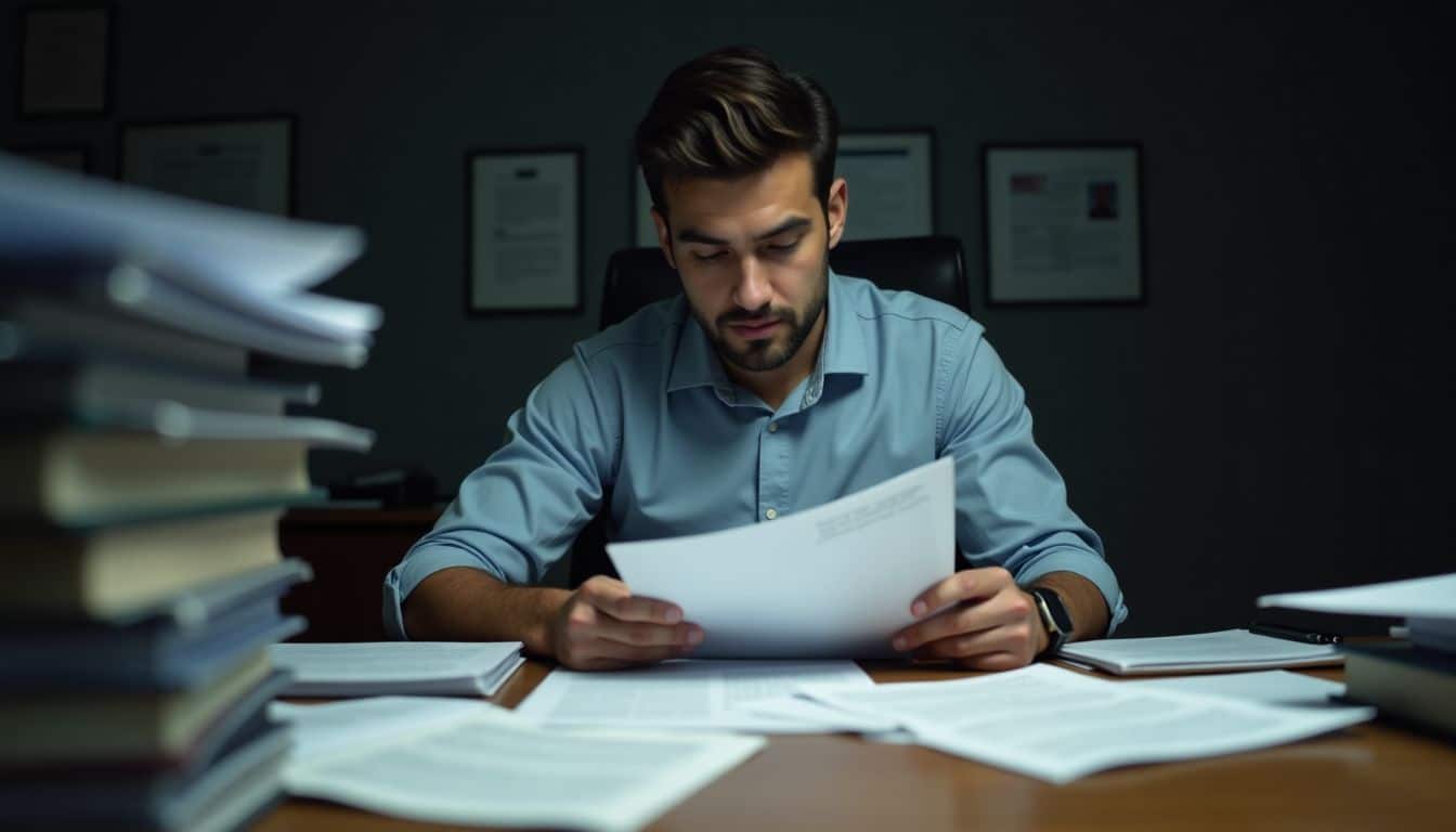 A person reviewing legal documents in a cluttered office.