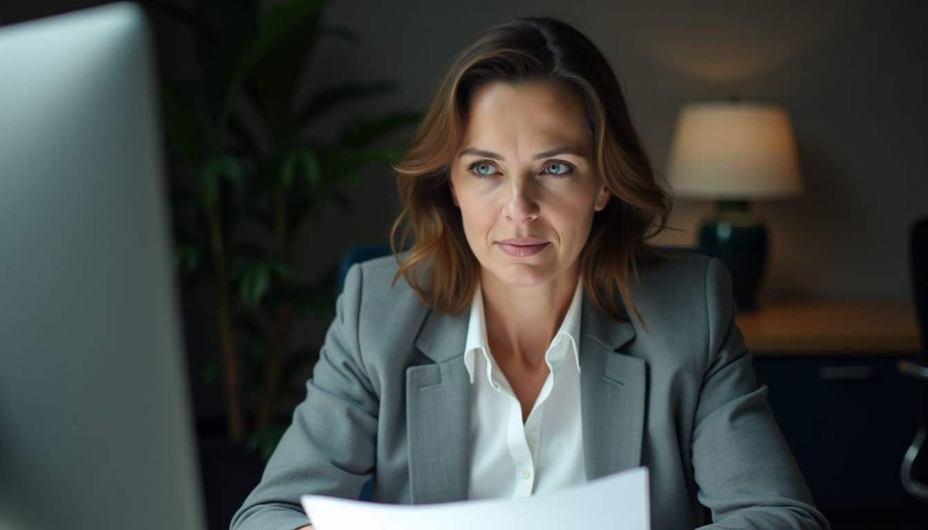 A woman reviewing data privacy laws in a dimly lit office.