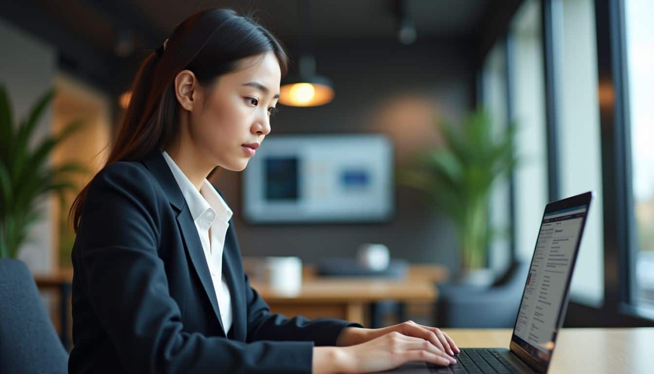 A young woman in professional attire uses CRM software for customer testimonials.