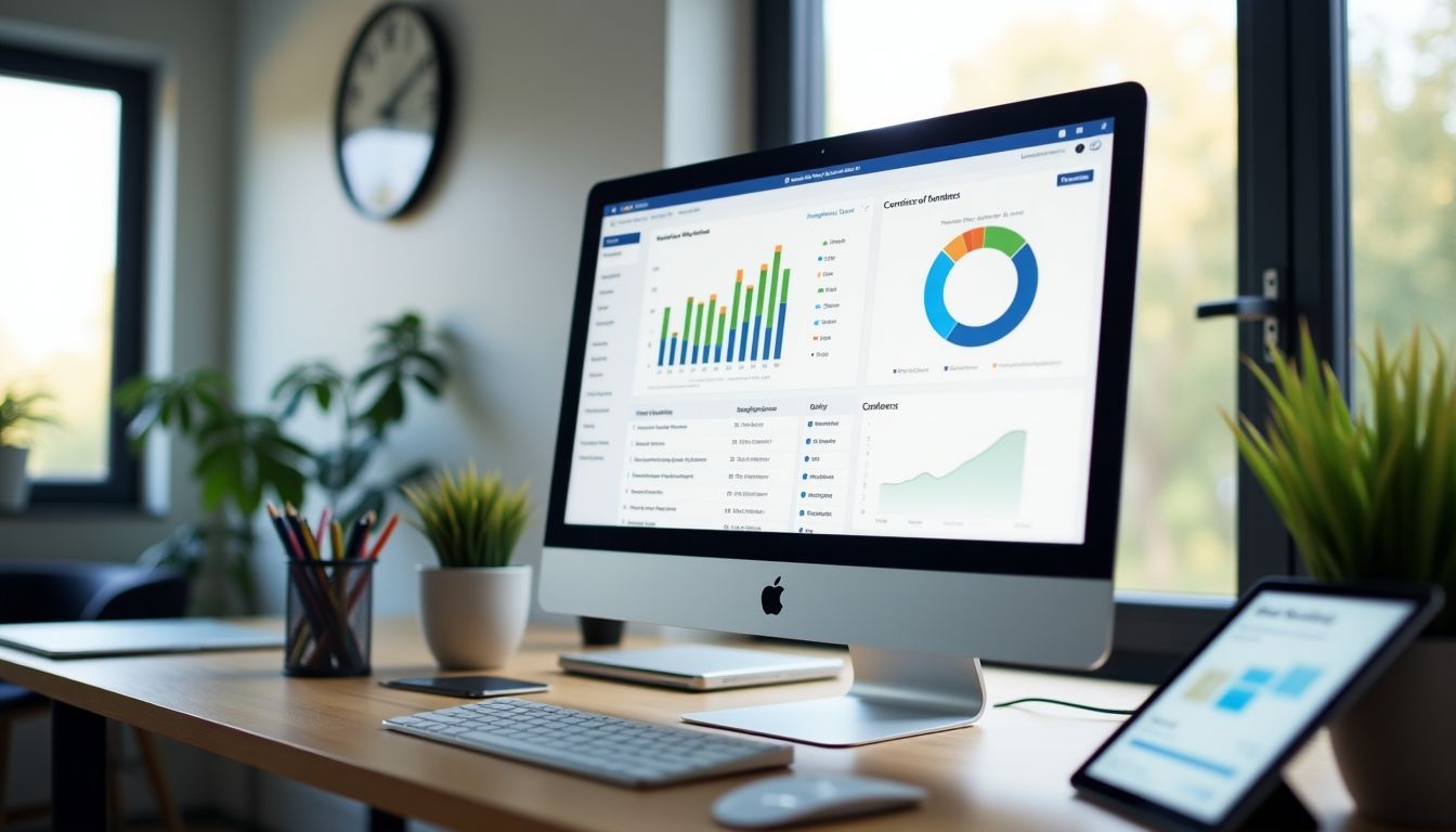 Modern office desk with computer monitor and office supplies.
