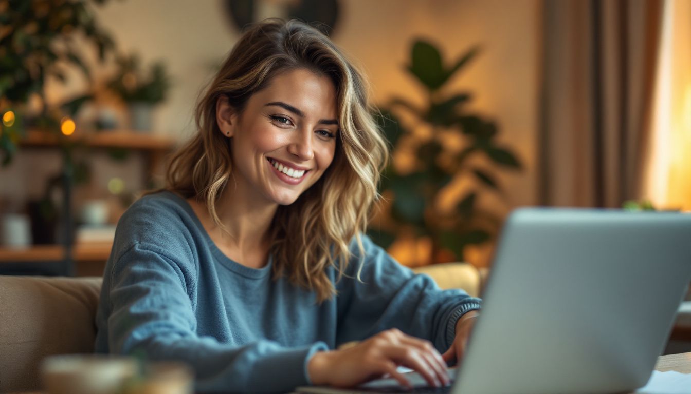 A woman in her 30s is reading positive Google reviews in her cozy office.