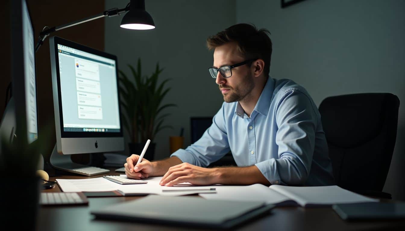 A person in their mid-30s is focused on writing follow-up emails at a cluttered office desk.