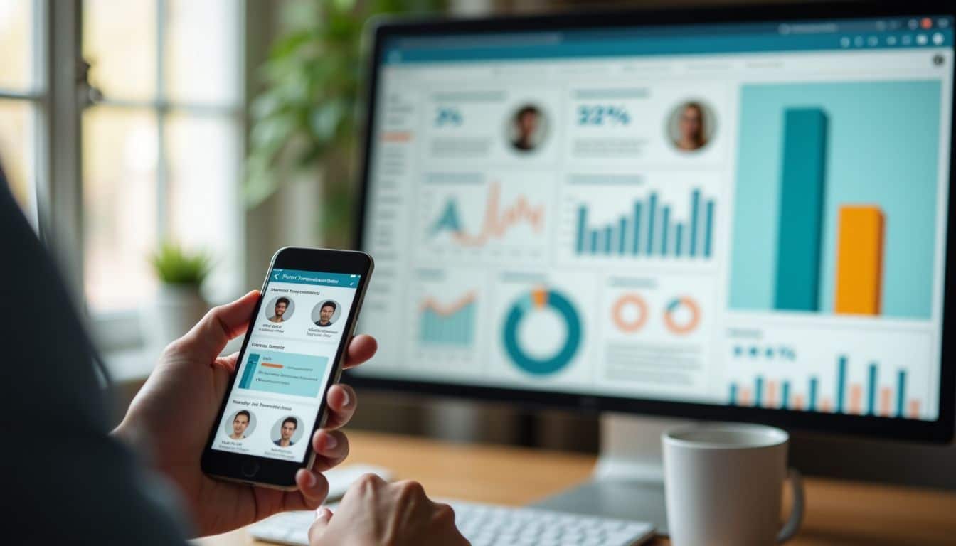 A computer screen displays product testimonials and analytics charts for a business.