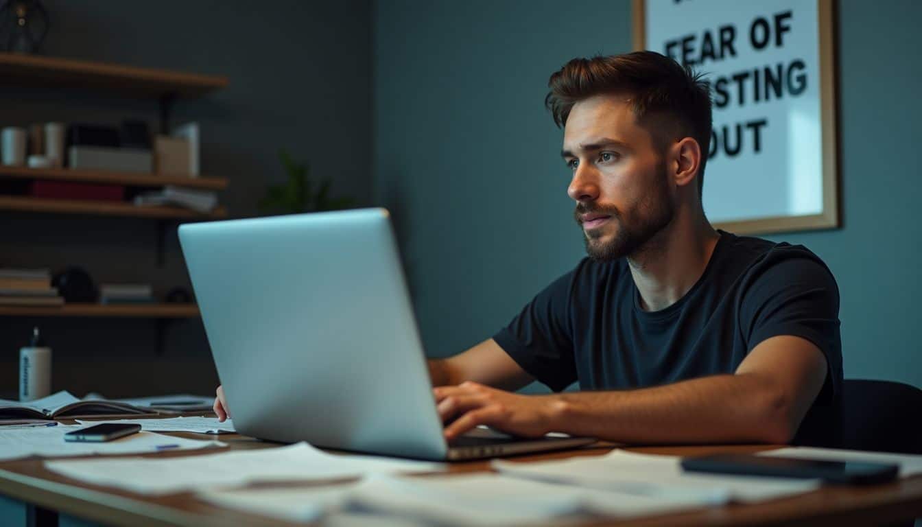 A man sits at a cluttered desk with social media analytics.