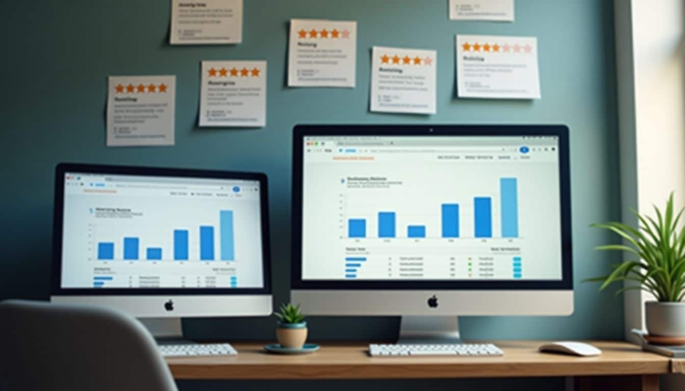 A wall covered with Google reviews and a computer screen displaying website analytics and local search rankings.