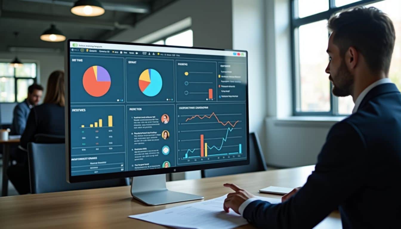 An office environment with customer feedback system, employee engagement materials, and AI analytics.