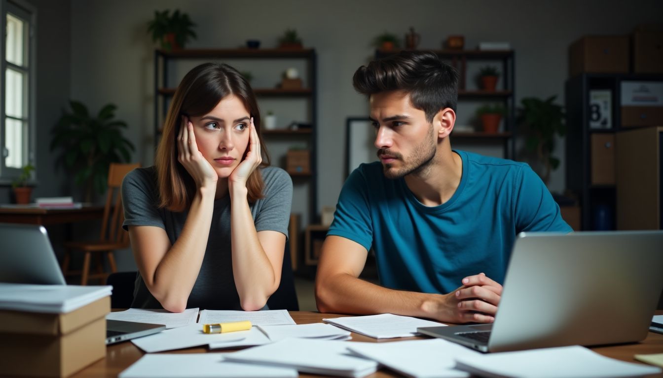 A couple struggles with writing Airbnb reviews at a cluttered desk.