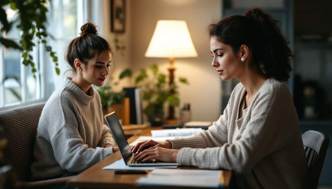 A woman in her mid-30s working in a home office.