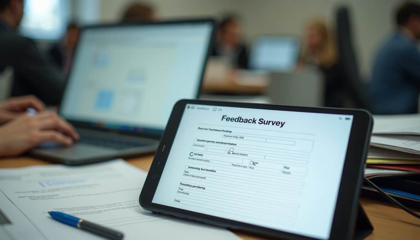 A feedback survey on a cluttered office desk in natural light.