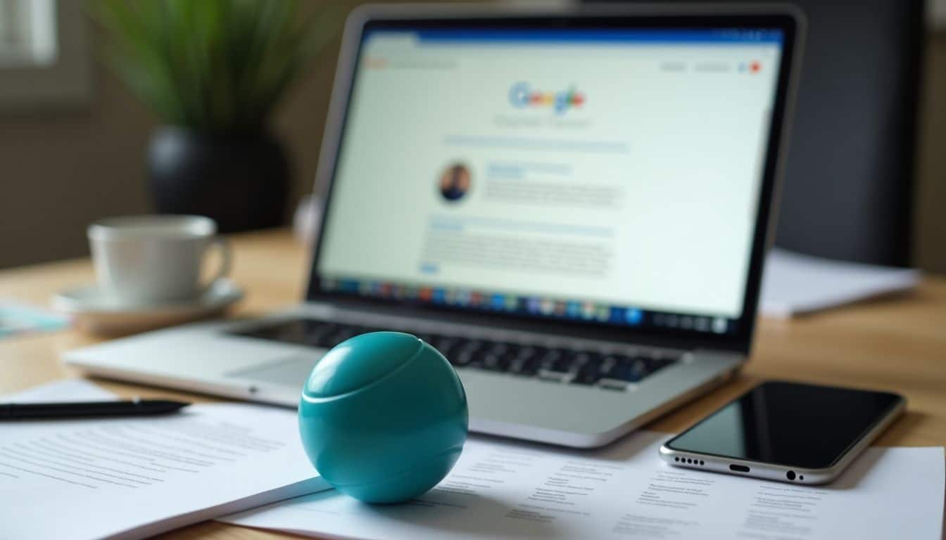 Cluttered desk with legal documents and stress-relief ball, displaying Google review.