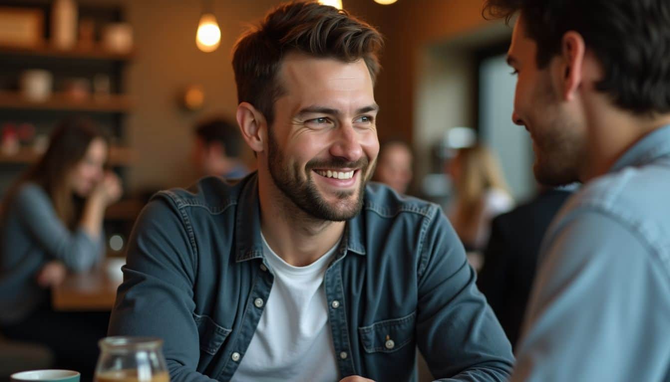A man discussing testimonial permissions with a content customer in a coffee shop.