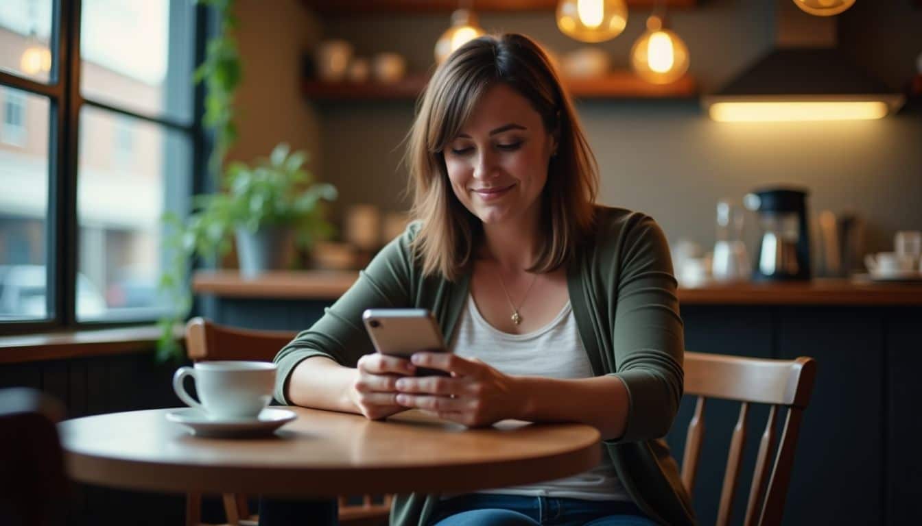 A woman writing a Google Maps review in a cozy coffee shop.
