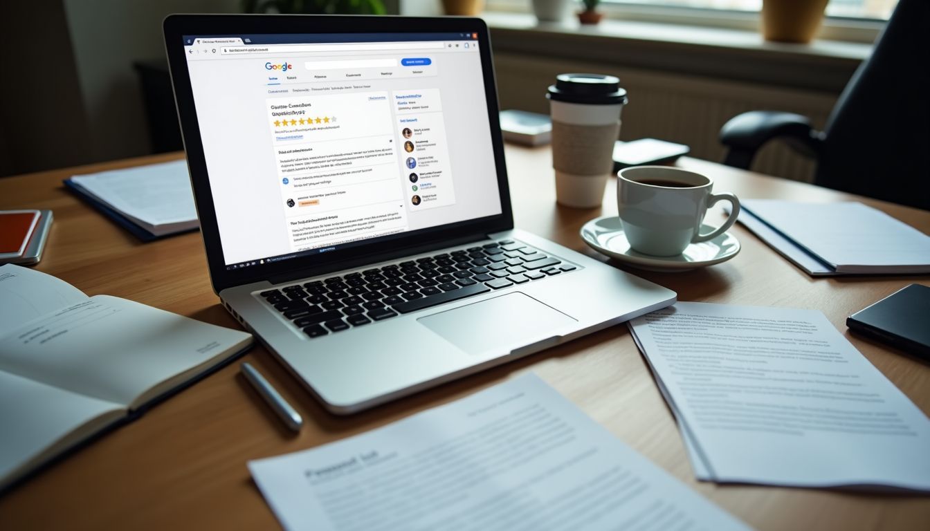 A cluttered desk with open laptop, review notes, and coffee cup.