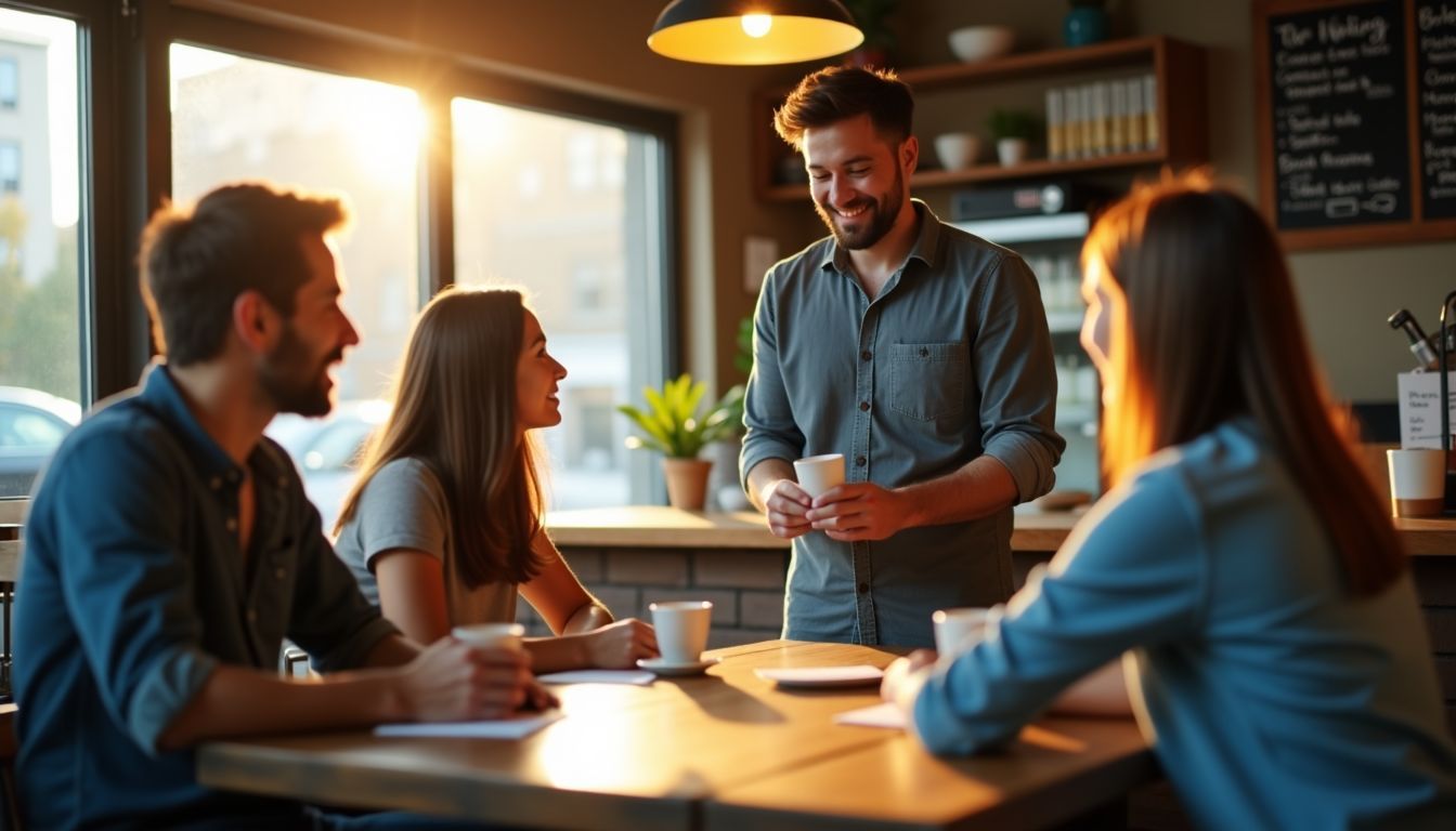 Customers at a coffee shop discussing online reviews, with the owner distributing review cards.