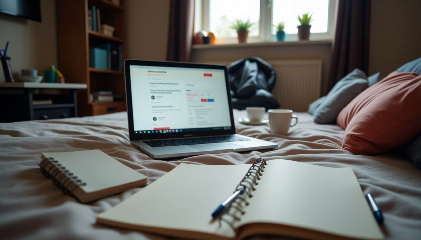 Messy Airbnb room with open laptop, notebook, and scattered items.