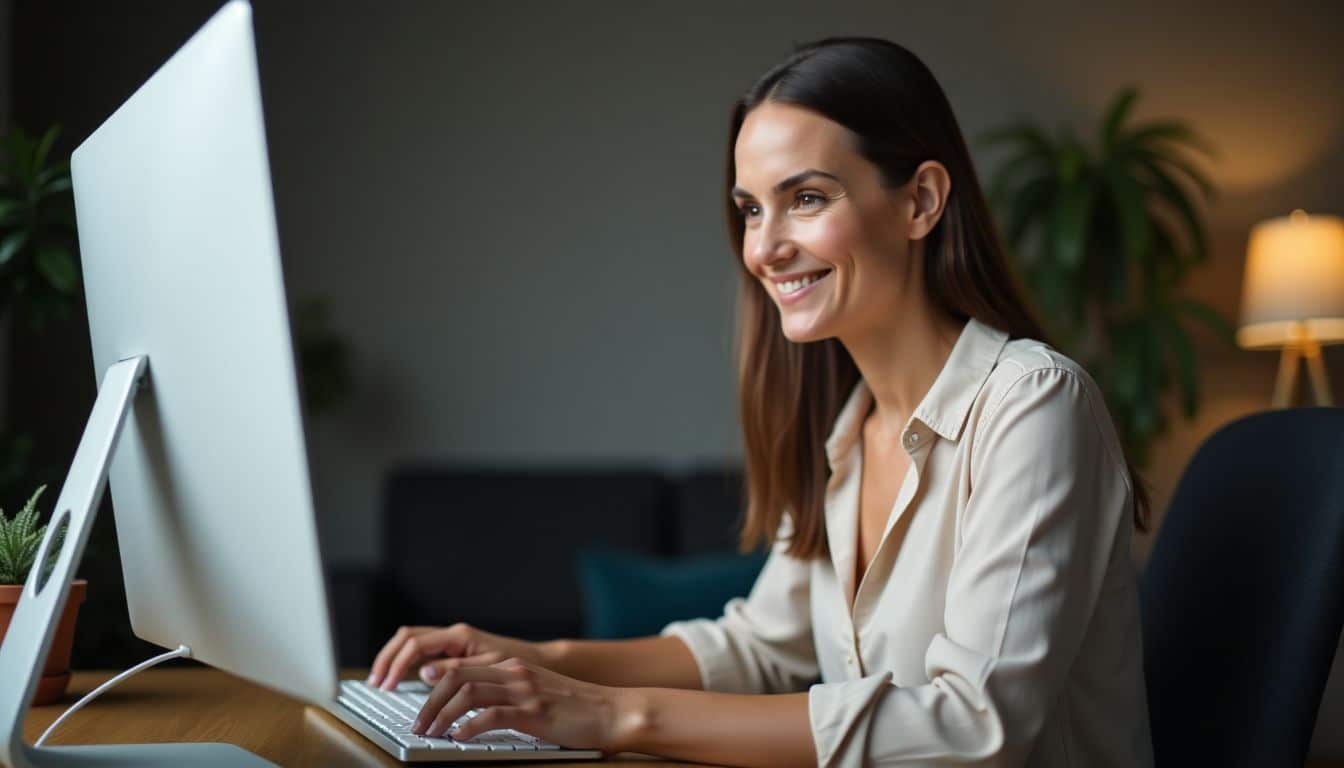 A middle-aged woman working in a cozy office, responding to reviews.