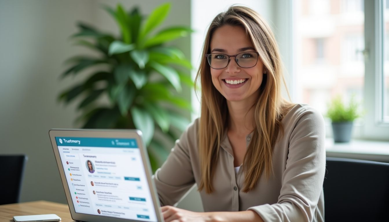 A woman in her 30s using Trustmary's review management software at her office desk.