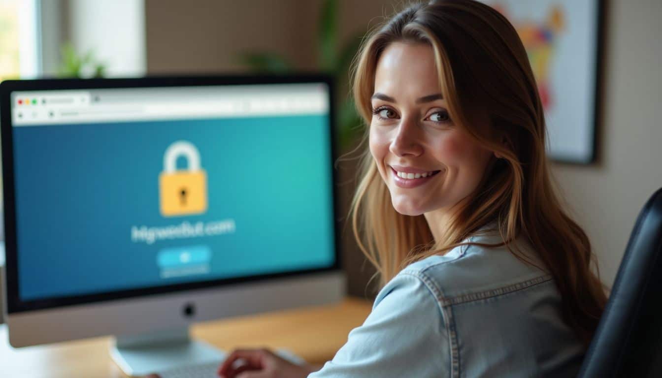 A woman sits at a computer desk with a secure online website.
