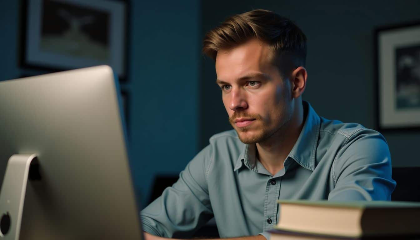 A man in an office reviewing legal cases and responding to them.