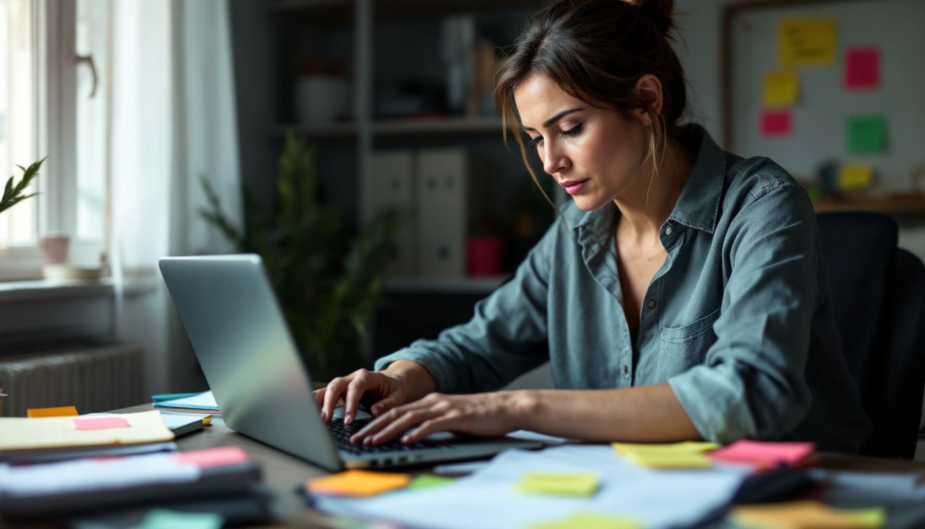 A woman works at a cluttered desk, typing on her laptop.