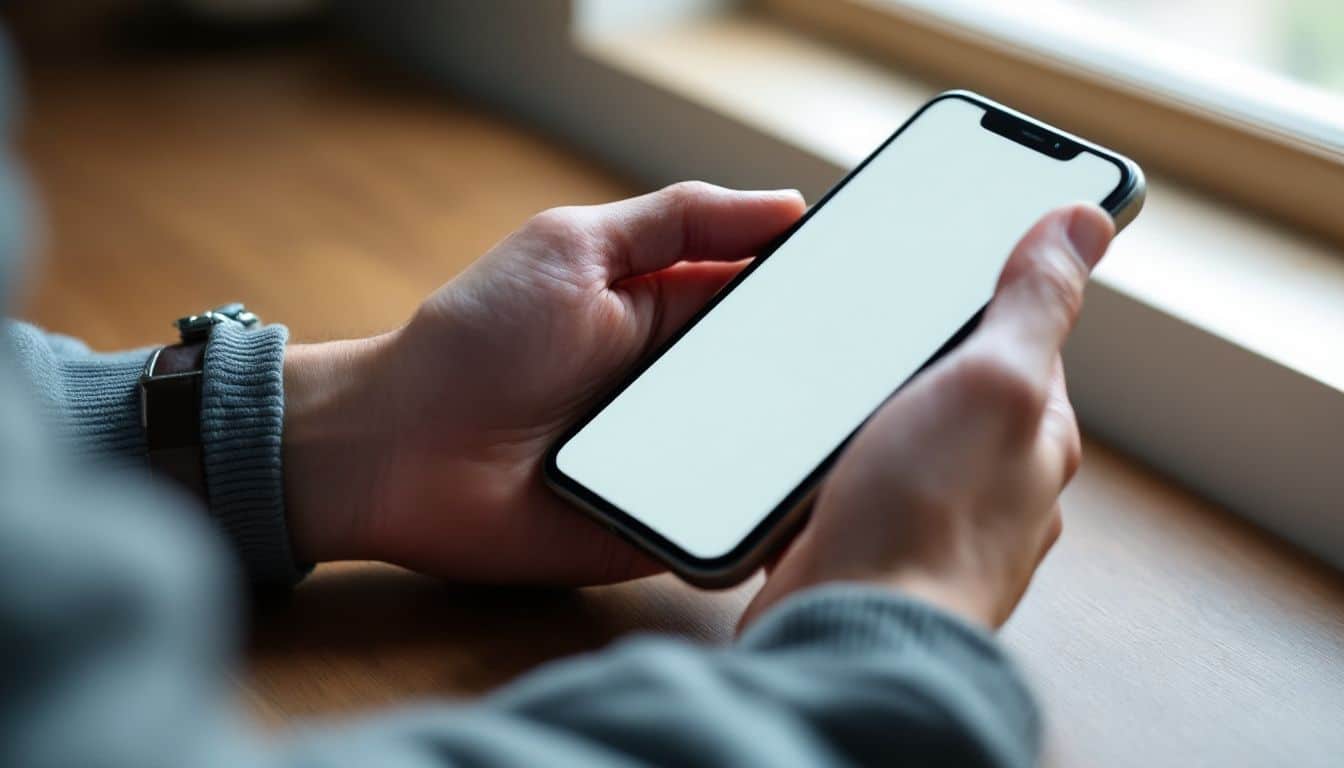 A person's hand holding a smartphone with a review request message.