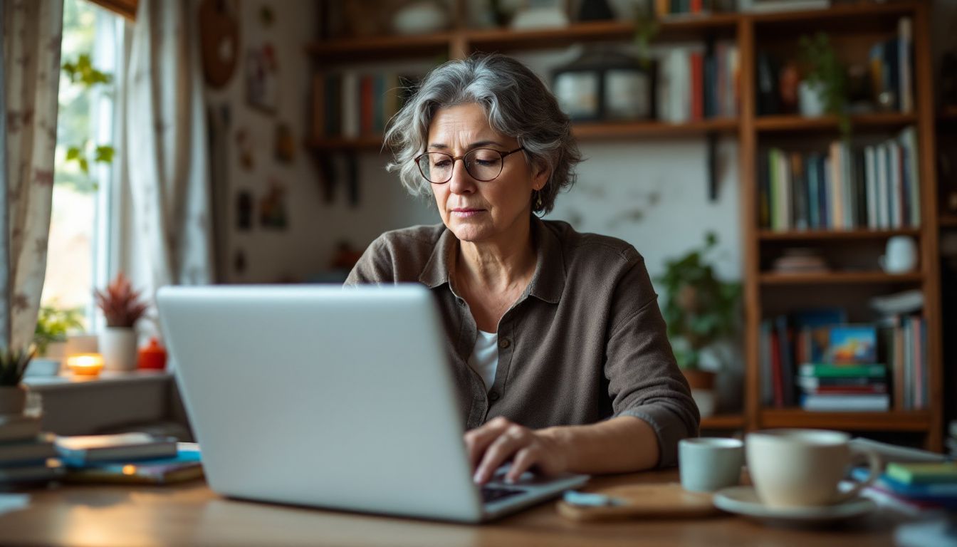 A woman writing a restaurant review in a cozy home office.
