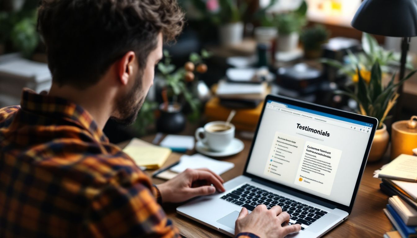 A person creating a testimonial template at a cluttered desk.