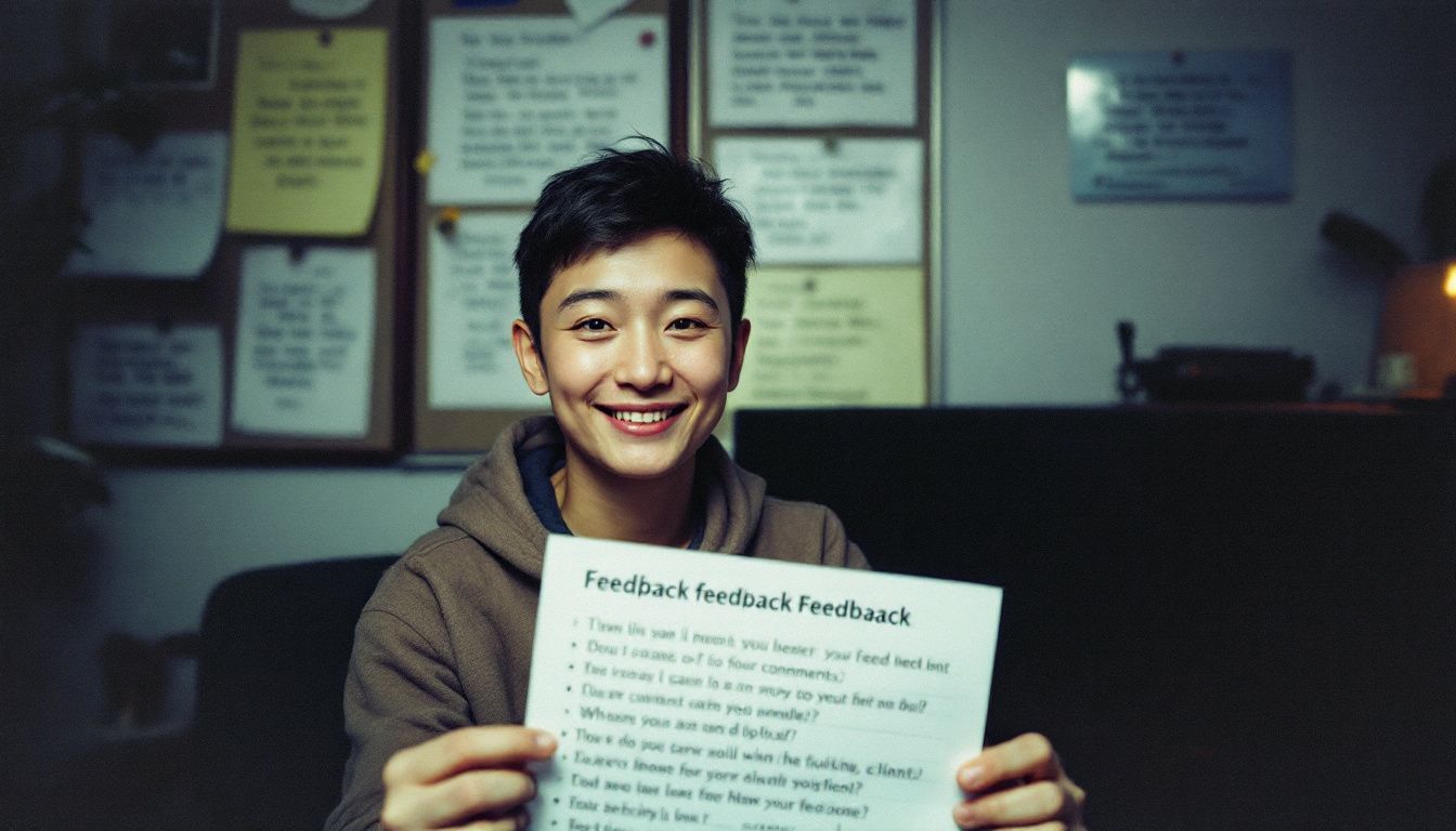 A person in a casual office setting holding positive feedback.