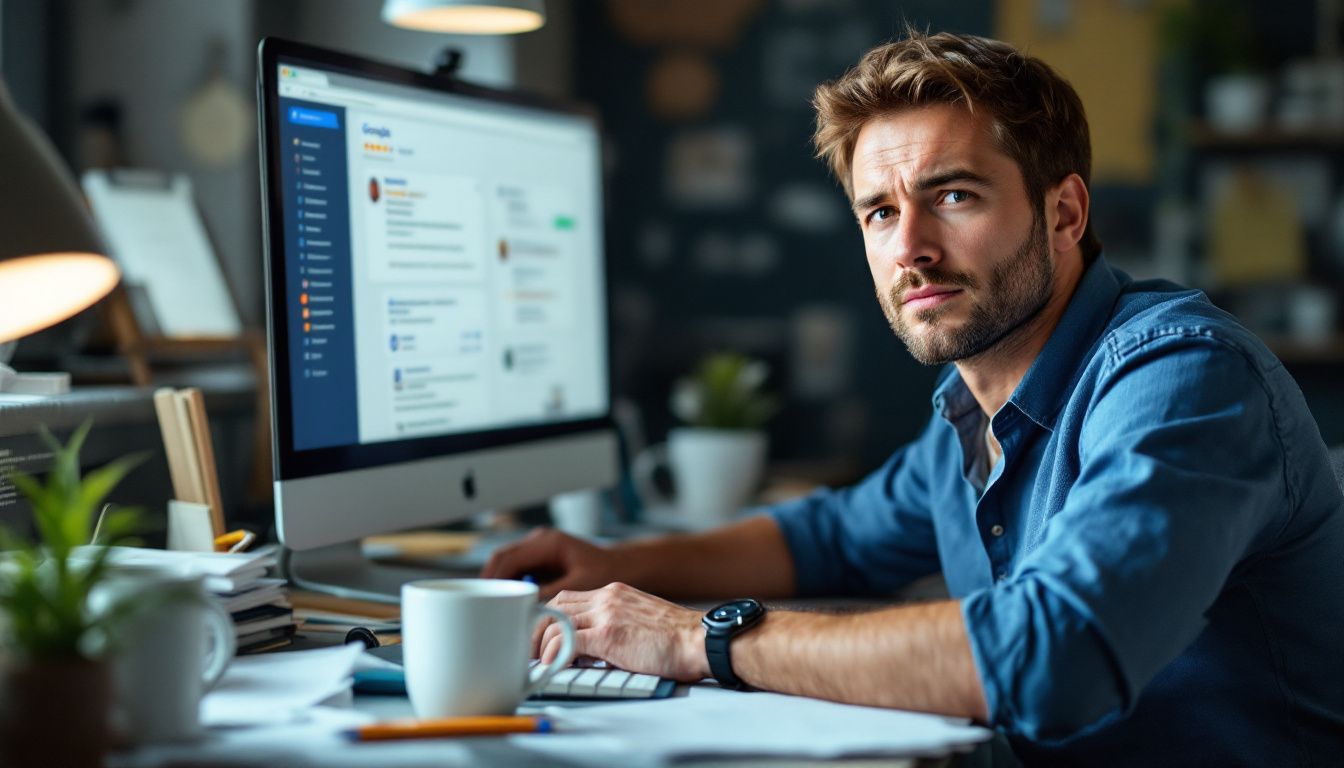 A small business owner managing Google reviews in a messy office.
