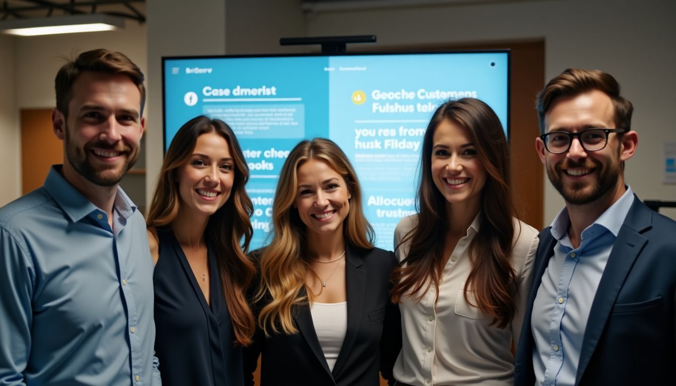 A group of professionals in a casual office setting discussing customer testimonials.