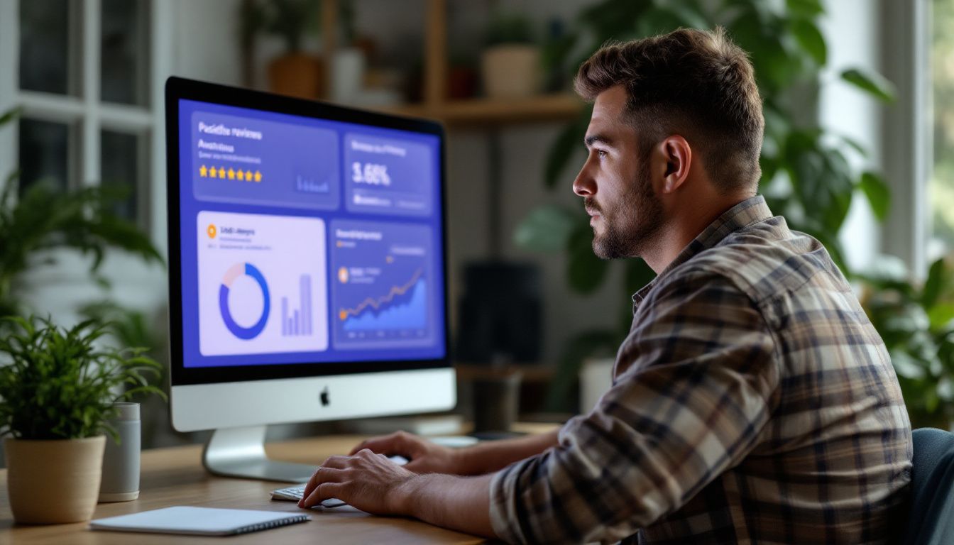 A business owner in their 30s reviewing positive reviews and analytics.