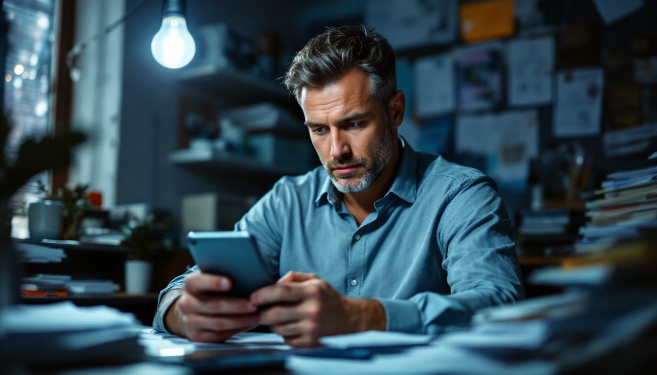A male business owner reading Google reviews in his small office.