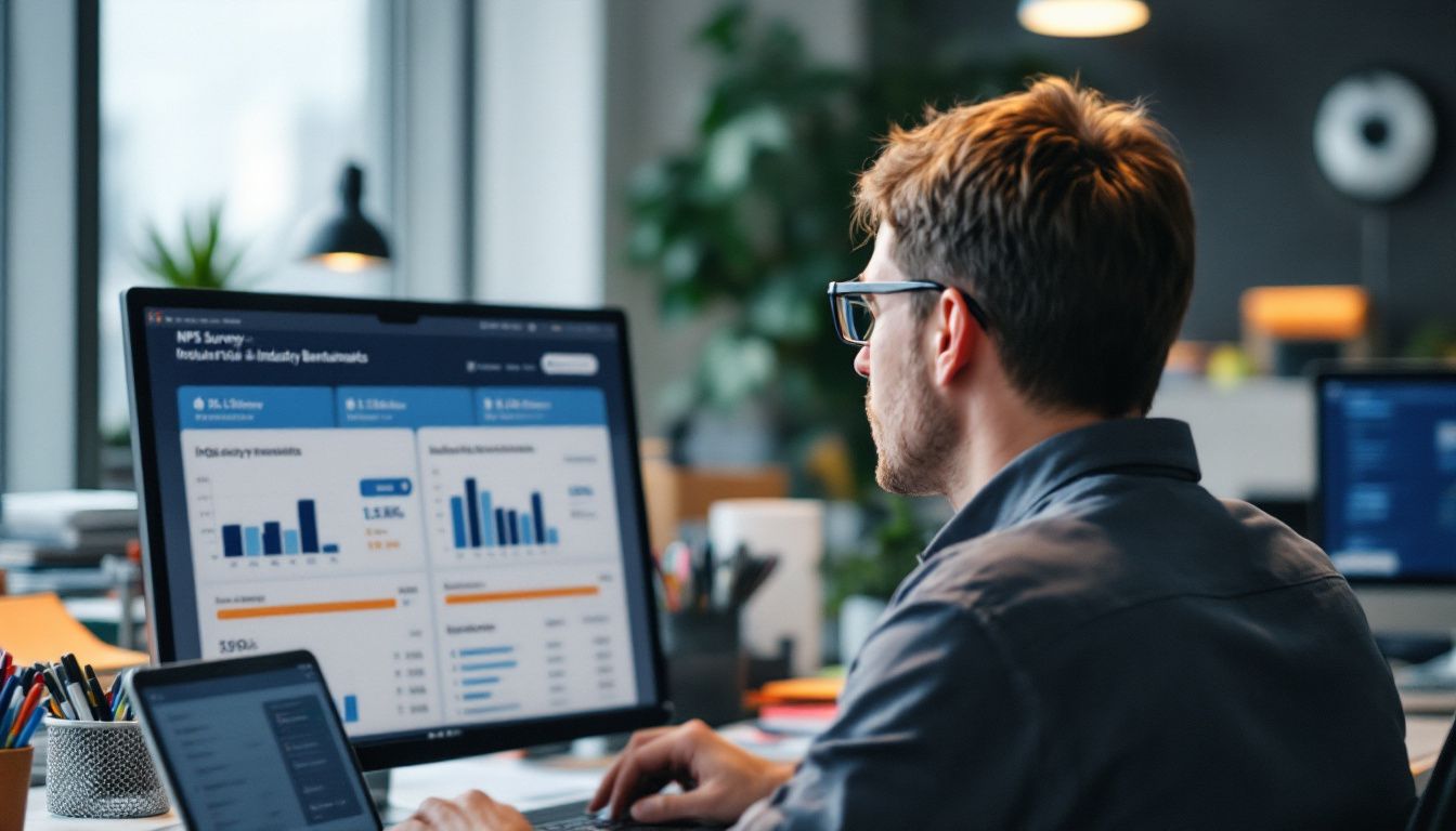 A person in an office analyzing NPS survey results on a computer.