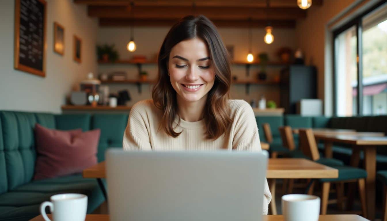 A woman in a cozy coffee shop reading positive Google reviews.