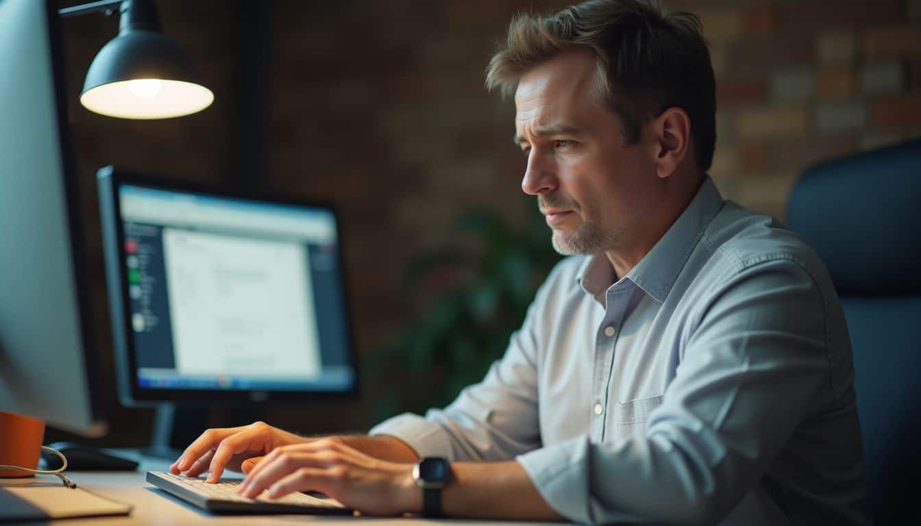 The man is typing an email at his office desk.
