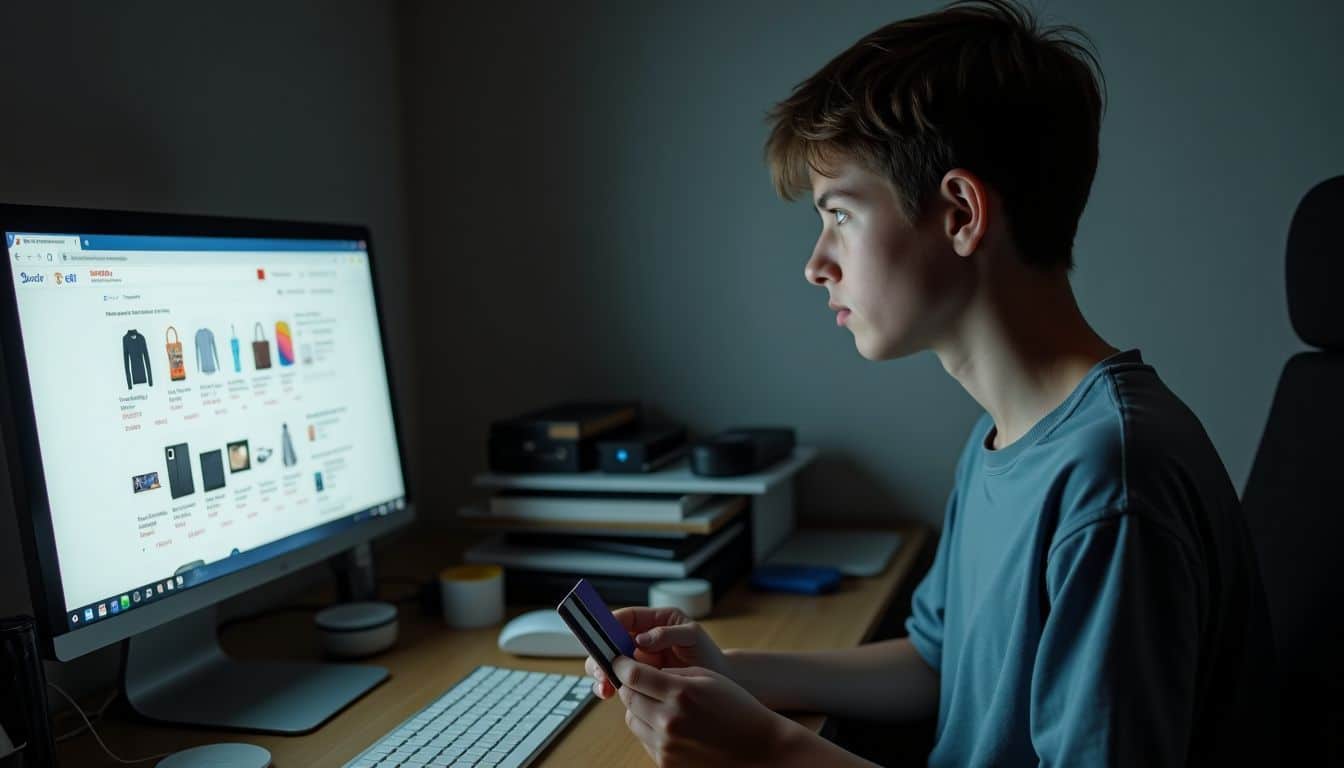 A confused teenager sitting at a cluttered desk with shopping websites open.