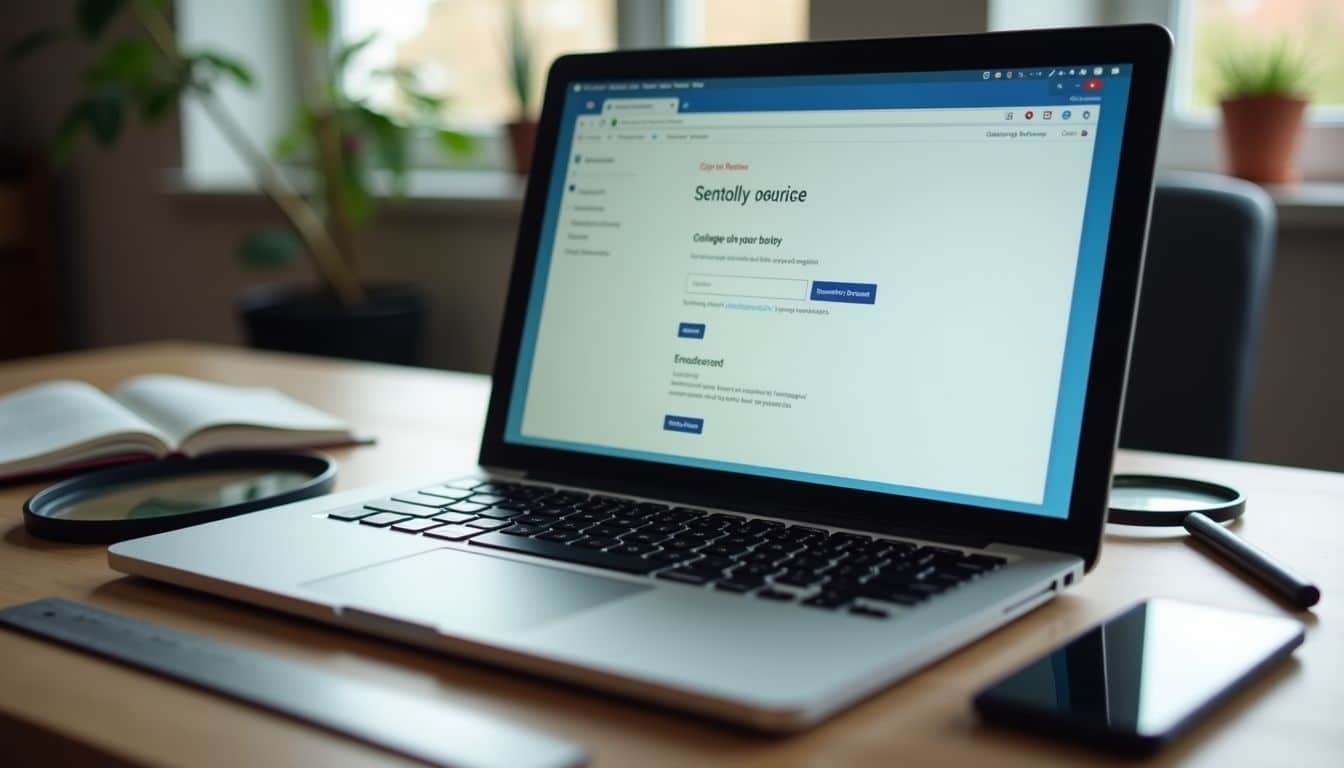 An open laptop displaying website review software, surrounded by technical tools.