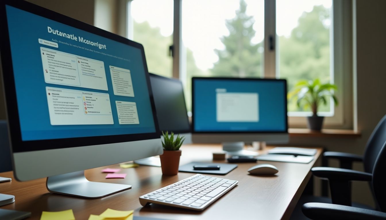 A cluttered office desk with multiple screens and post-it notes.