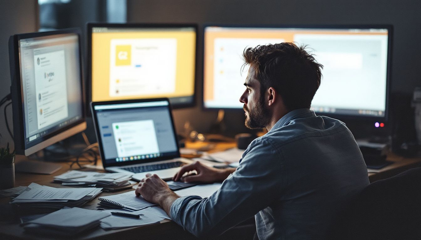 A person at a cluttered desk, focused on customer review platforms.