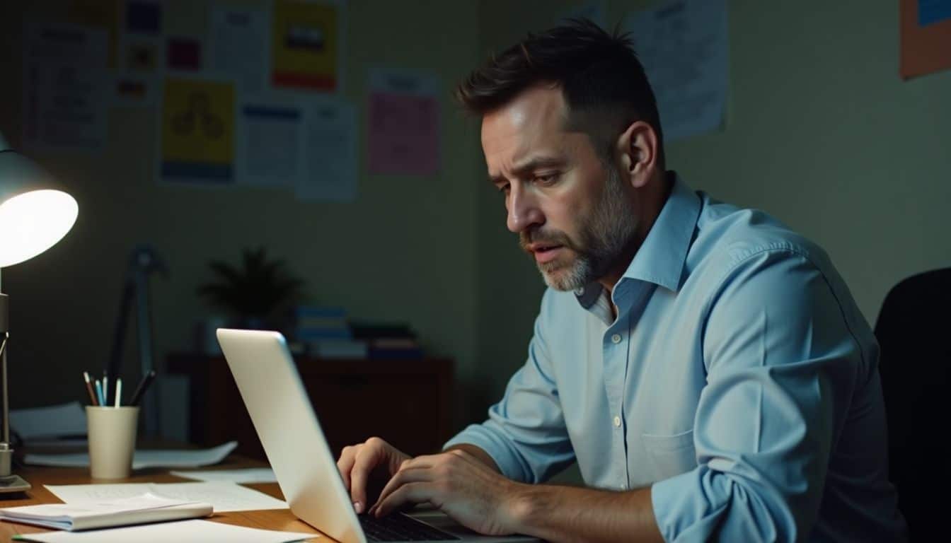 A frustrated man works on a laptop in a cluttered office.
