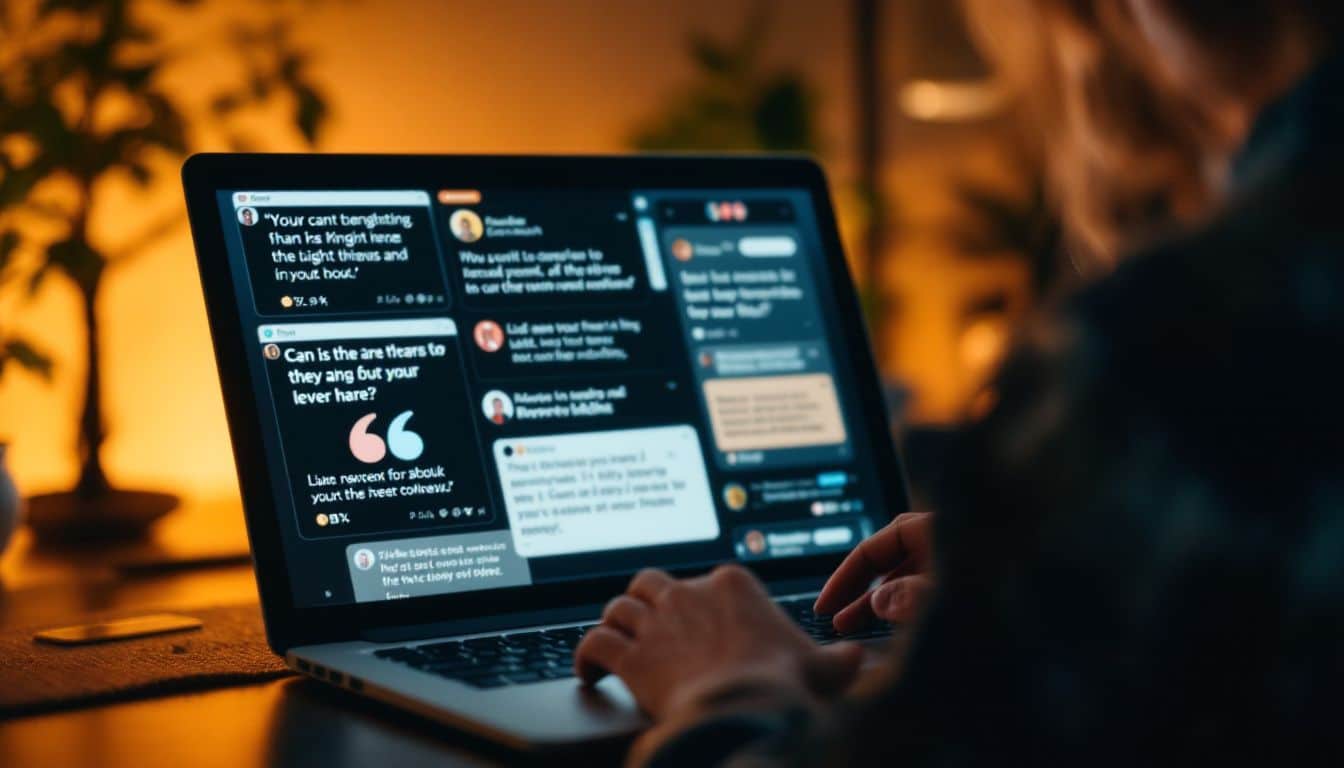 A woman at her desk, typing on a laptop with customer testimonials on the screen.
