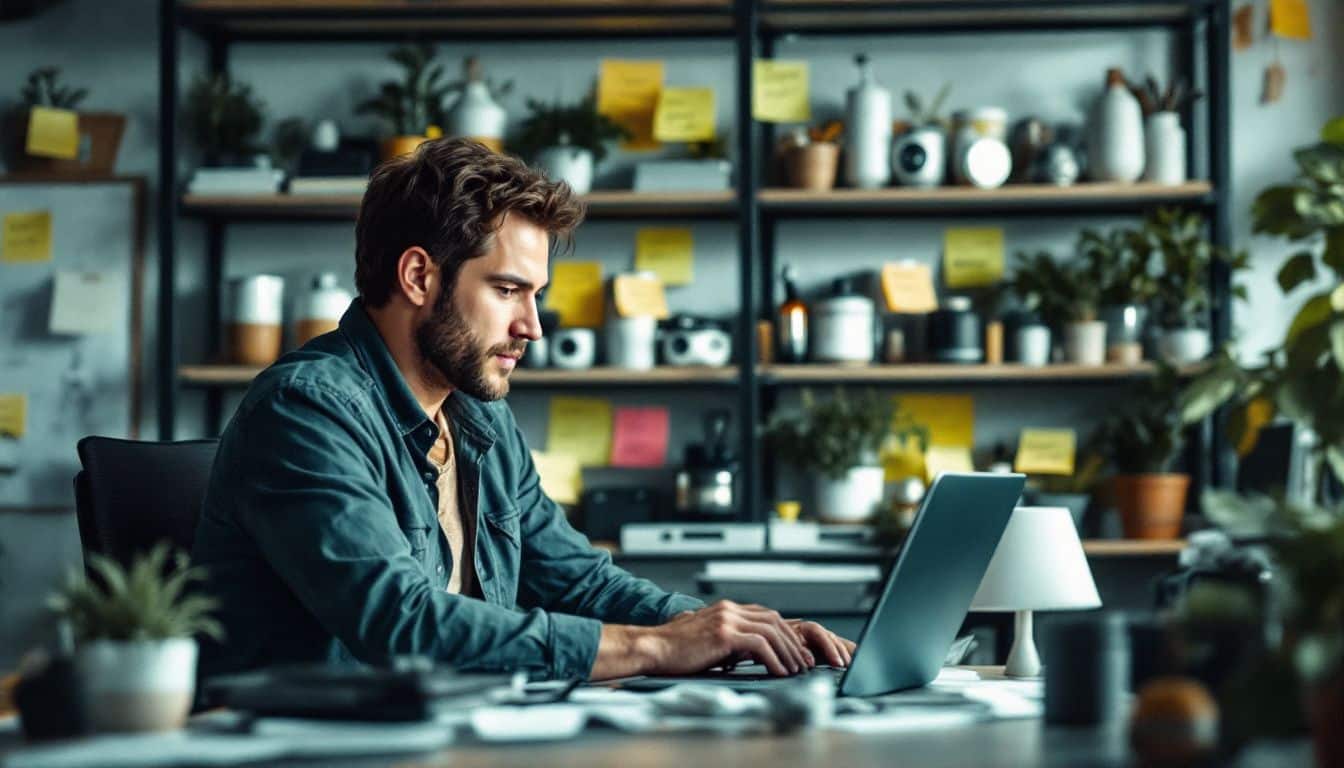 A customer is sitting at a cluttered desk, reading online reviews.